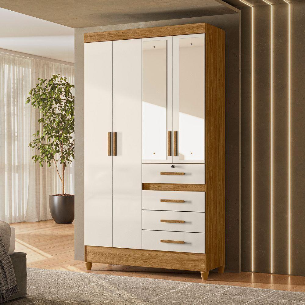 Guarda Roupa Solteiro Sobral 4p Espelho 110 Cm Freijo Off White Moval - 6