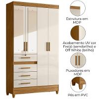 Guarda Roupa Solteiro Sobral 4p Espelho 110 Cm Freijo Off White Moval