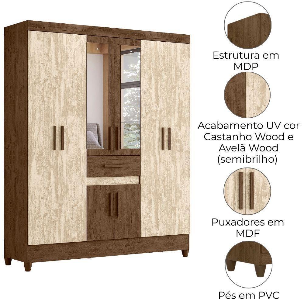 Guarda Roupa Casal Portugal 6p Espelho 165 Cm Castanho Wood Avela Wood Moval - 4