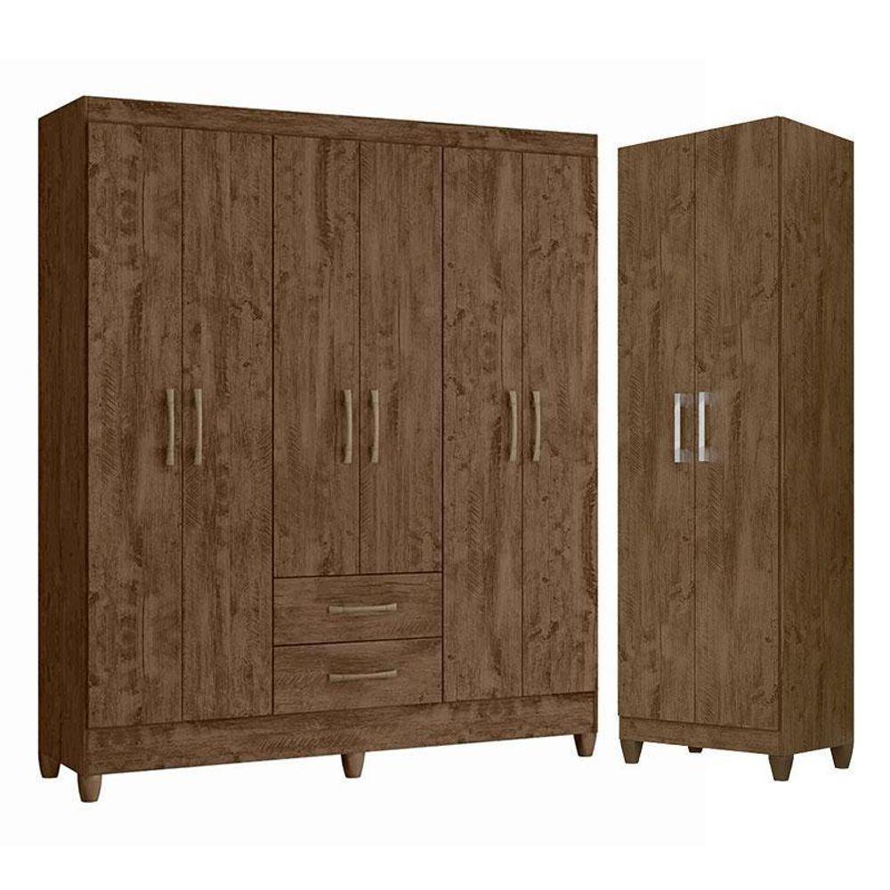 Guarda Roupa Casal Panamá E Armário Multiuso New íris Castanho Wood - Moval - 1