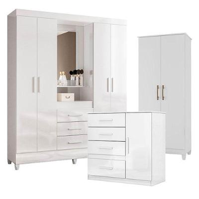 Guarda Roupa Casal Capelinha Capri Com Cômoda Vênus E Armário Multiuso Jade Branco Brilho– Moval