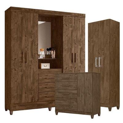 Guarda Roupa Casal Capelinha Capri Com Cômoda Vênus Com Pés E Armário Multiuso New íris Castanho Wood – Moval