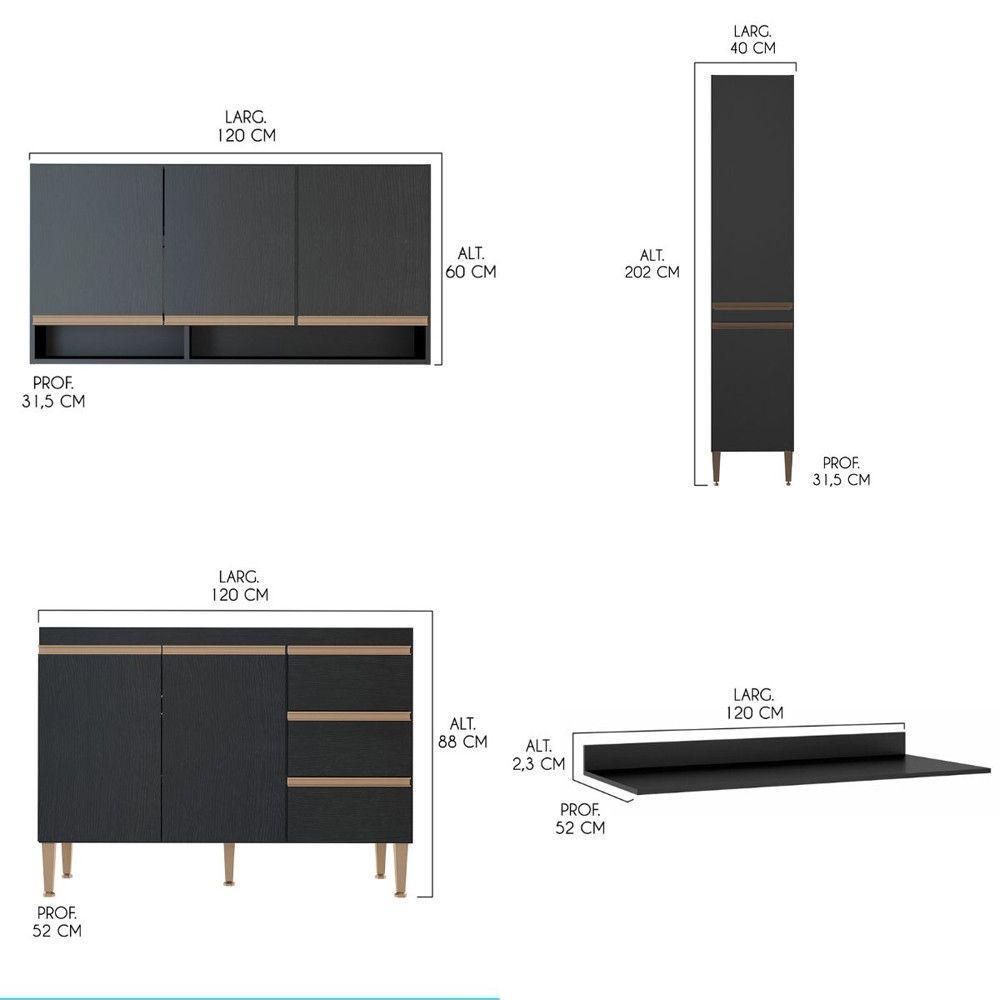 Cozinha Compacta Balcão Kitnet 160x202cm 4 Pçs Menu Móveis Preto - 3