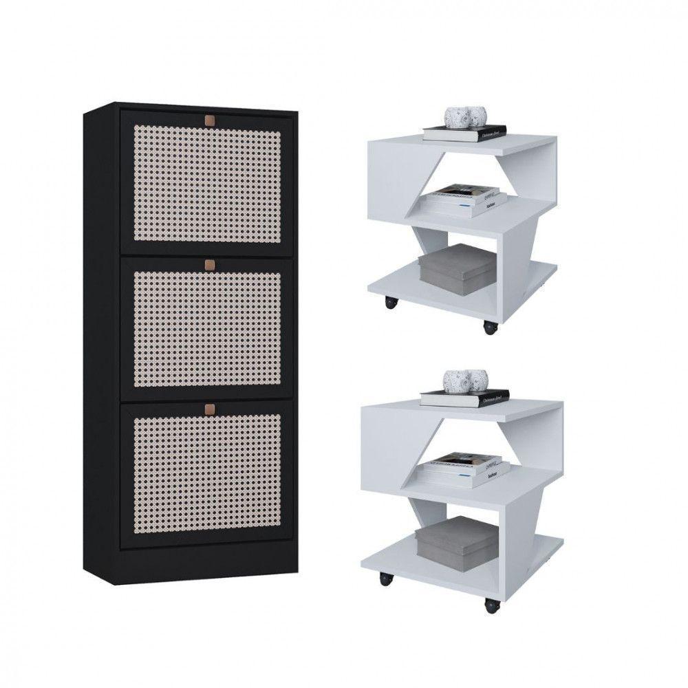 Kit Sapateira Spin Tropical 3 Portas E 2 Mesas De Cabeceira Branco-preto - 1