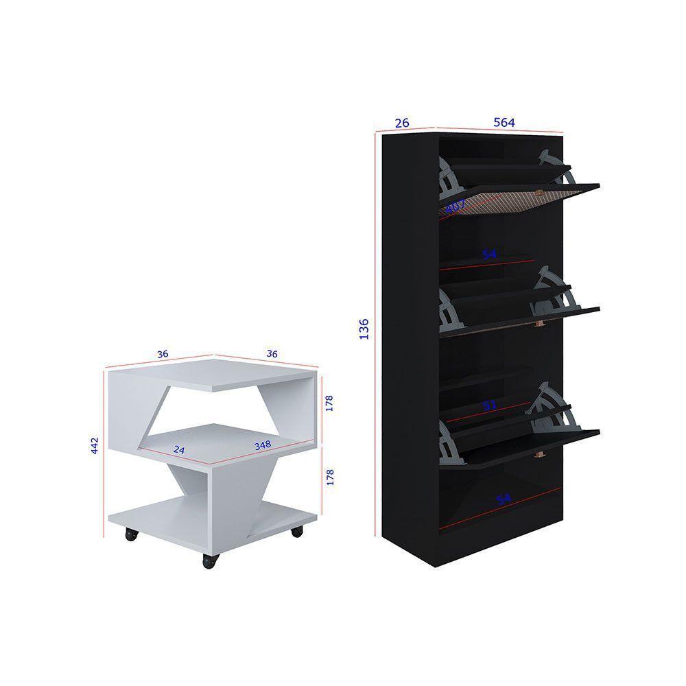 Kit Sapateira Spin Tropical 3 Portas E 2 Mesas De Cabeceira Branco-preto - 4