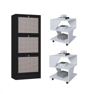 Kit Sapateira Spin Tropical 3 Portas E 2 Mesas De Cabeceira Branco-preto