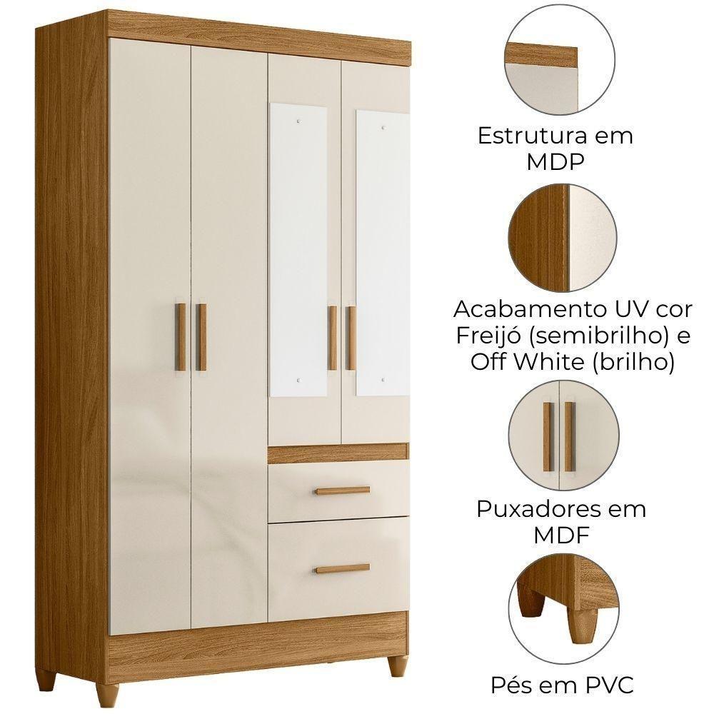 Guarda Roupa Solteiro Madri 4p Espelho 110 Cm Freijo Off White Moval - 5