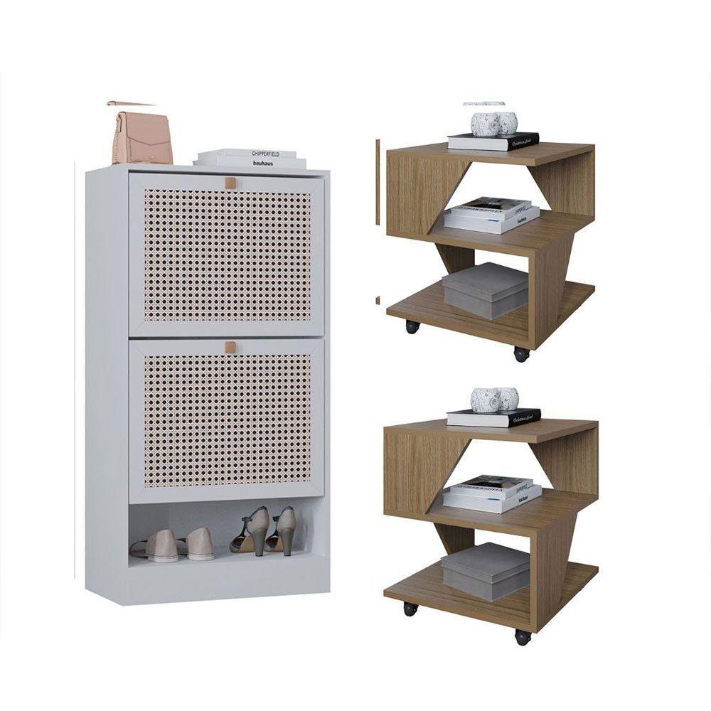 Kit Sapateira 2 Portas E 2 Mesas De Cabeceira-centro Poquema Carvalho-branco - 1