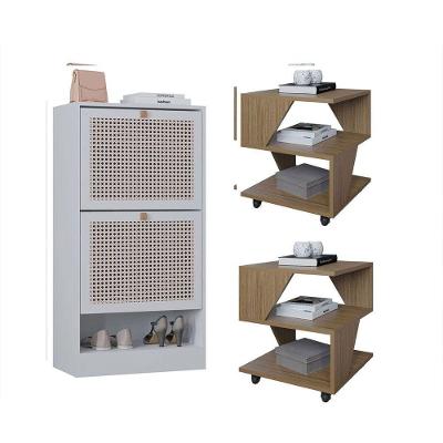 Kit Sapateira 2 Portas E 2 Mesas De Cabeceira-centro Poquema Carvalho-branco