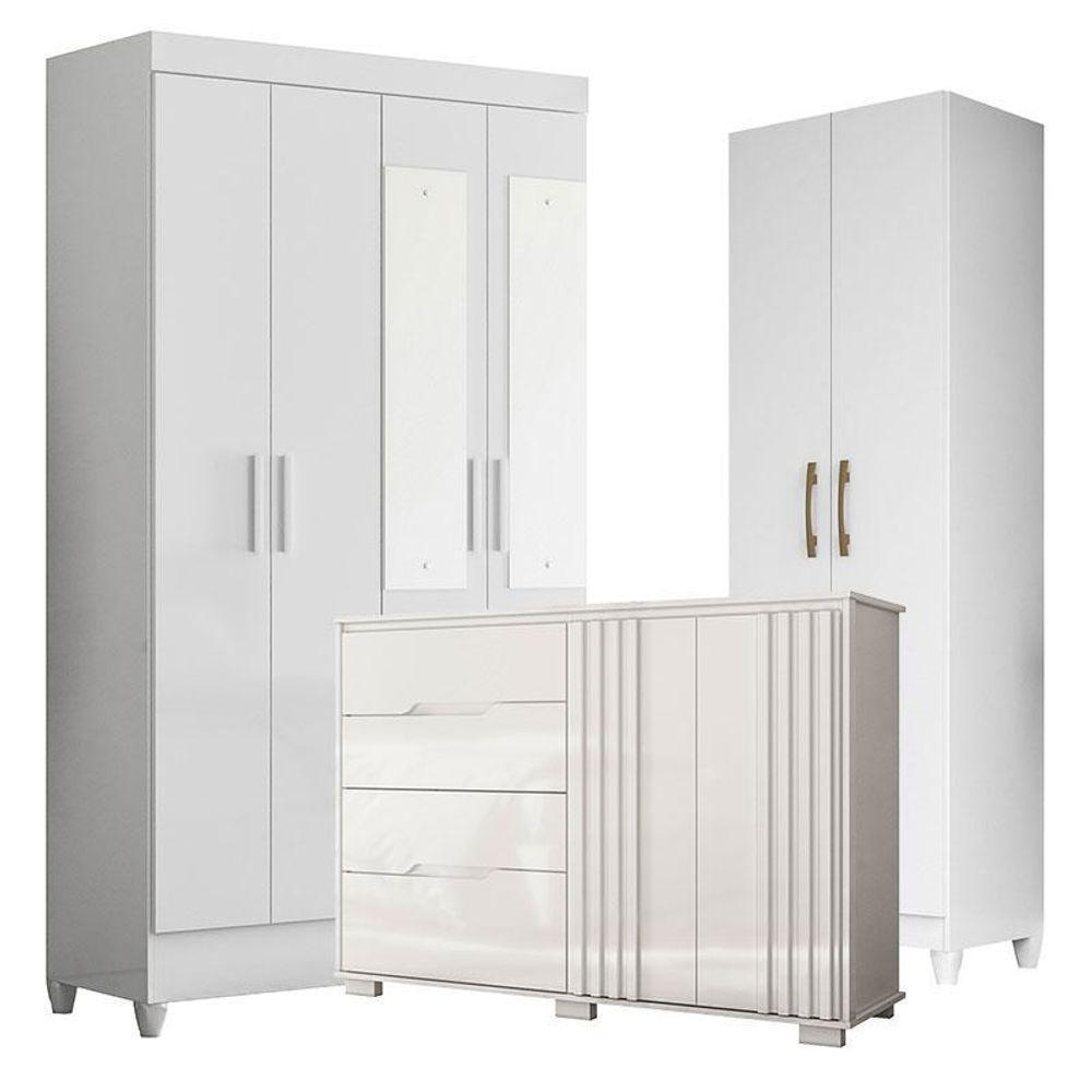 Guarda Roupa Com Espelho Infantil Sobral Com Cômoda Texas E Armário Multiuso New íris Branco Brilho – Moval - 1