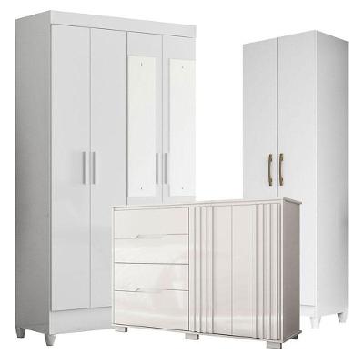Guarda Roupa Com Espelho Infantil Sobral Com Cômoda Texas E Armário Multiuso New íris Branco Brilho – Moval