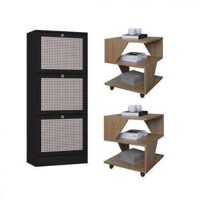 Kit Sapateira Spin Tropical 3 Portas E 2 Mesas De Cabeceira Carvalho-preto