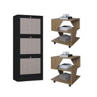 Kit Sapateira Spin Tropical 3 Portas E 2 Mesas De Cabeceira Carvalho-preto - 1