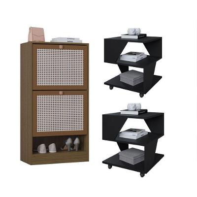 Kit Sapateira 2 Portas E 2 Mesas De Cabeceira-centro Poquema Preto-carvalho