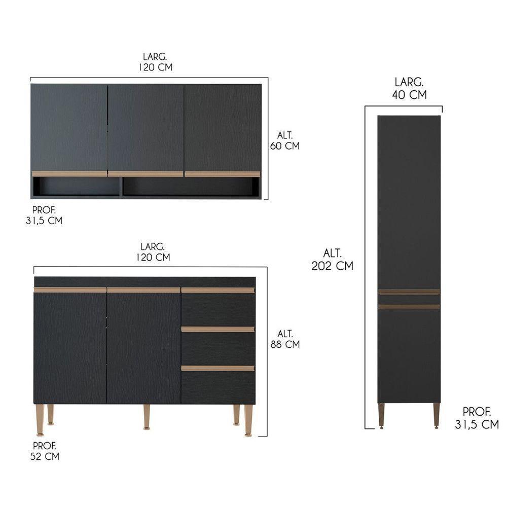 Cozinha Com Balcão Cooktop Modulada 6 Pçs Menu Móveis Preto - 3