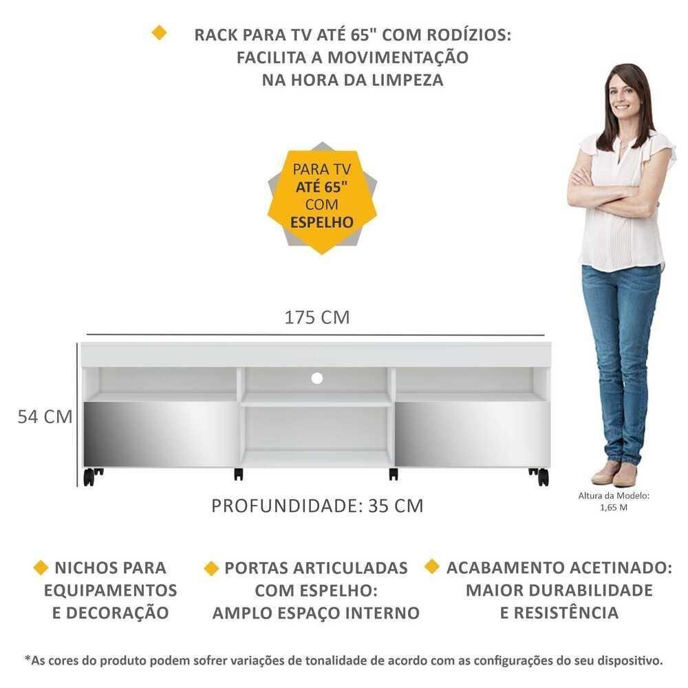 Rack Tv 65" Com Rodízios E Espelho 2 Portas Paris Multimóveis V3330 Branco Branco - 6