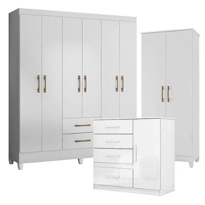 Guarda Roupa Casal Panamá 6 Portas Giratórias 2 Gavetas MDP com Cômoda e Multiuso Branco Brilho