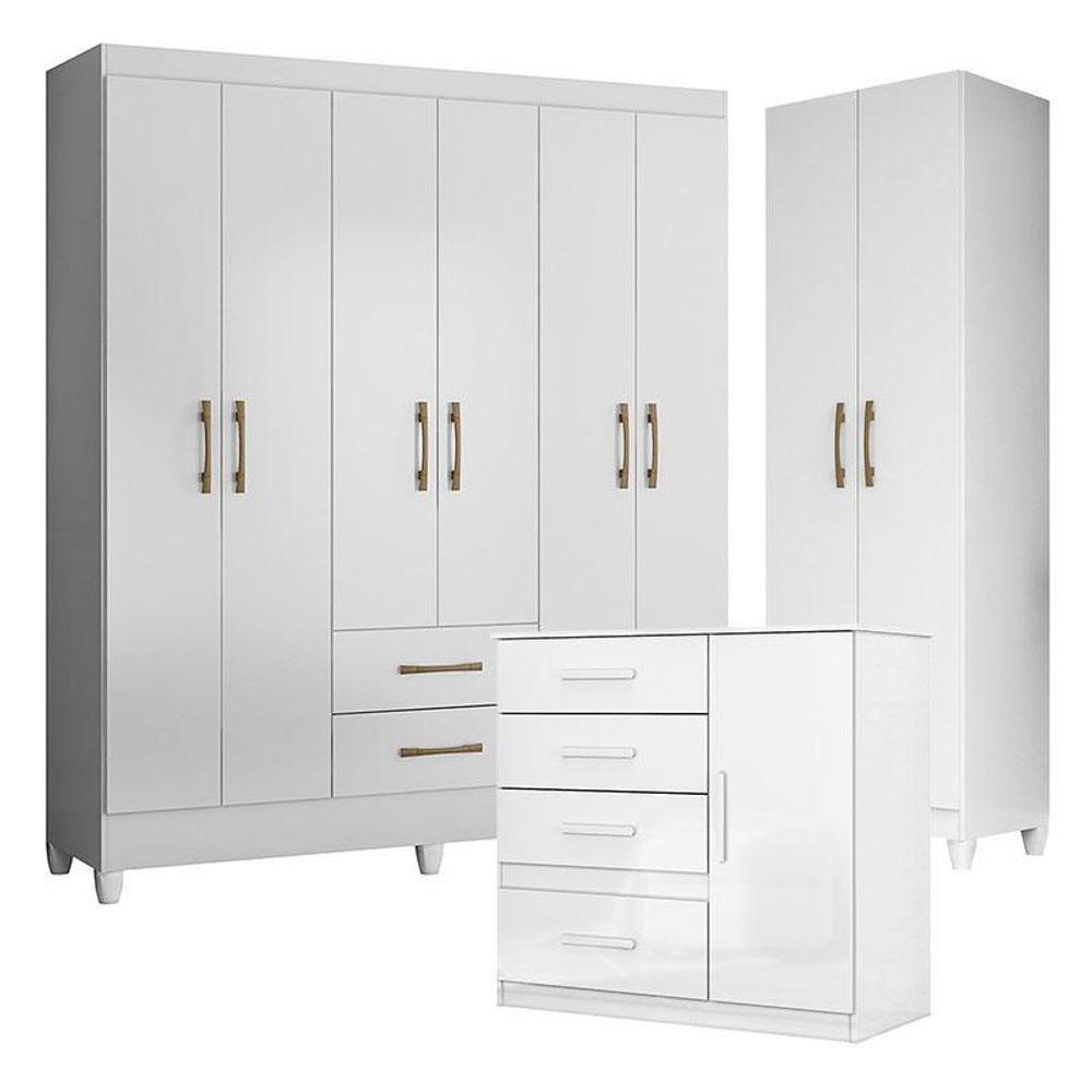 Guarda Roupa Casal Panamá Com Cômoda Vênus E Armário Multiuso New íris Branco Brilho– Moval - 1