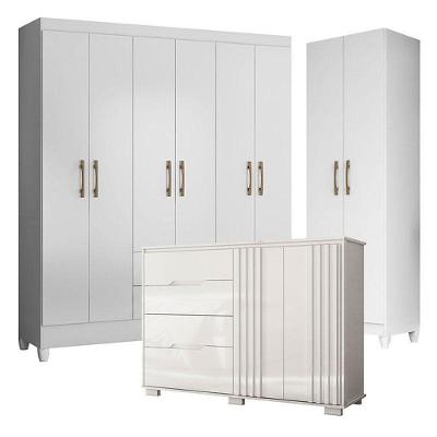 Guarda Roupa Casal Panamá 6 Portas Bater 2 Gavetas MDP com Cômoda e Armário Branco Brilho