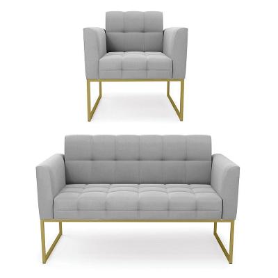 Kit 1 Sofá Namoradeira E 1 Poltrona Elisa Suede Cinza Base Metálica Industrial Dourado D03 - DRossi