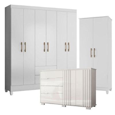 Guarda Roupa Casal Panamá com Cômoda Texas e Armário Multiuso Jade 6 Portas 2 Gavetas MDP Branco