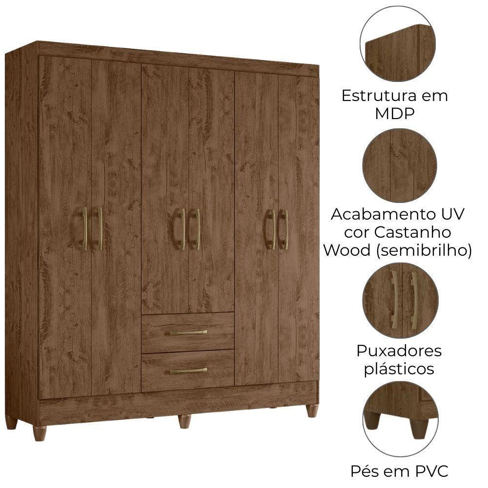 Guarda Roupa Casal Panama 6p 153 Cm Castanho Wood - 4