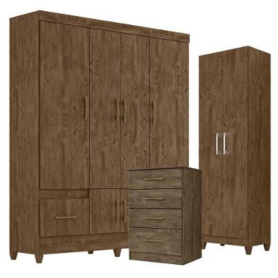 Guarda Roupa Casal Ms912 Com Cômoda Ms913 E Armário Multiuso New íris Castanho Wood – Moval