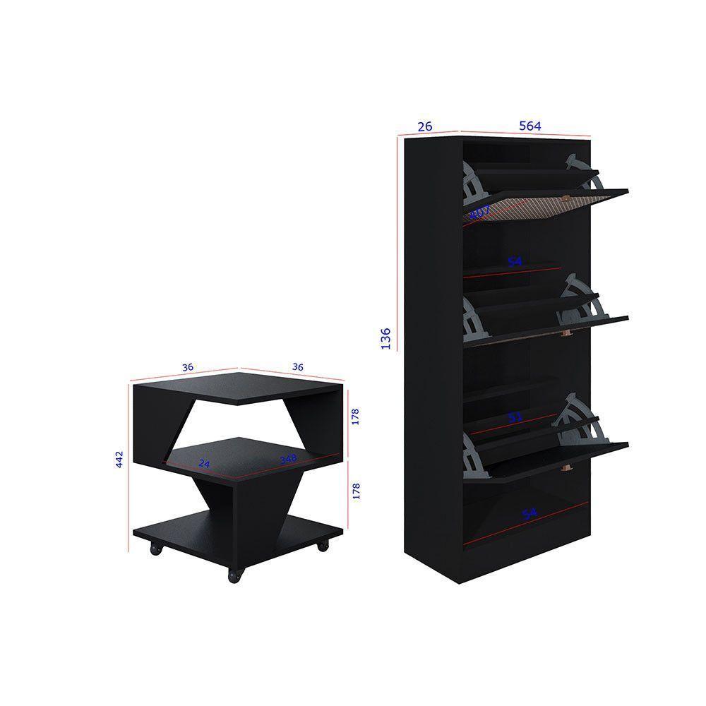 Kit Sapateira Spin Tropical 3 Portas E 2 Mesas De Cabeceira Preto - 4