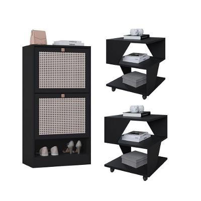 Kit Sapateira 2 Portas E 2 Mesas De Cabeceira-centro Poquema Preto