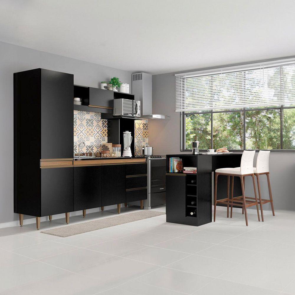 Armário De Cozinha Compacta Com Bancada Ilha Mdp Menu Móveis Preto - 1