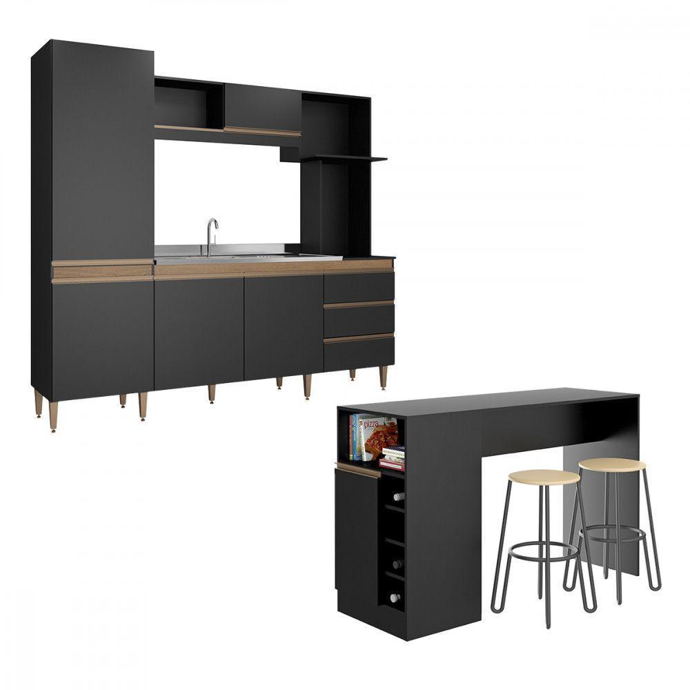 Armário De Cozinha Compacta Com Bancada Ilha Mdp Menu Móveis Preto - 2