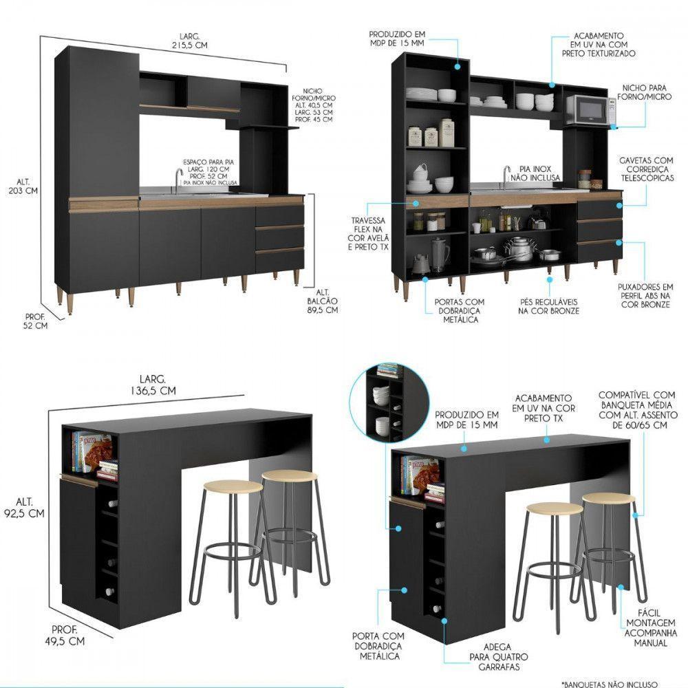 Armário De Cozinha Compacta Com Bancada Ilha Mdp Menu Móveis Preto - 3
