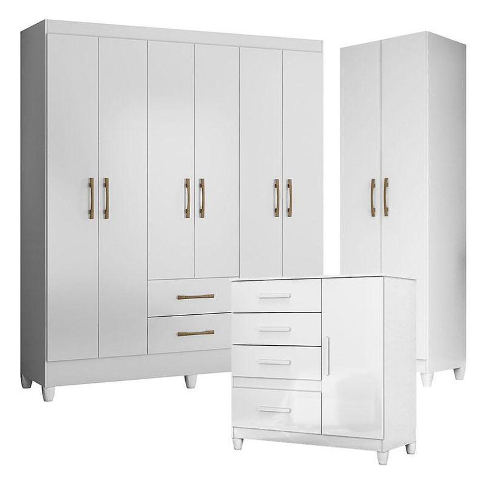 Guarda Roupa Casal Panamá Com Cômoda Vênus Com Pés E Armário Multiuso New íris Branco Brilho– Moval - 1