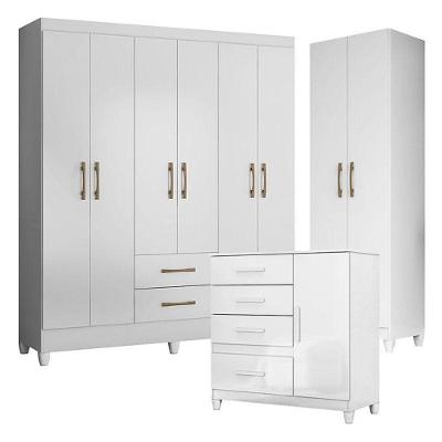 Guarda Roupa Casal Panamá Com Cômoda Vênus Com Pés E Armário Multiuso New íris Branco Brilho– Moval
