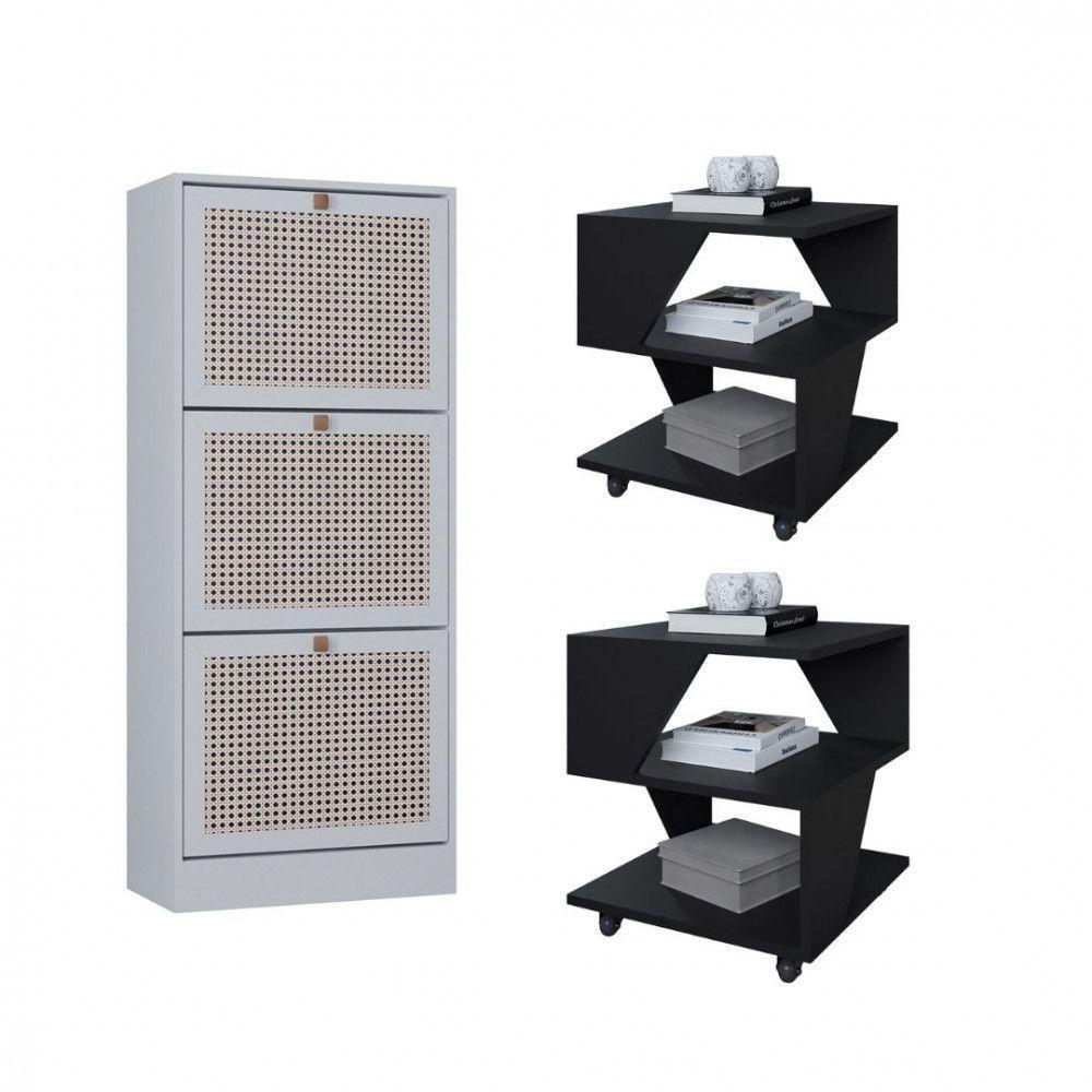 Kit Sapateira Spin Tropical 3 Portas E 2 Mesas De Cabeceira Preto-branco - 1