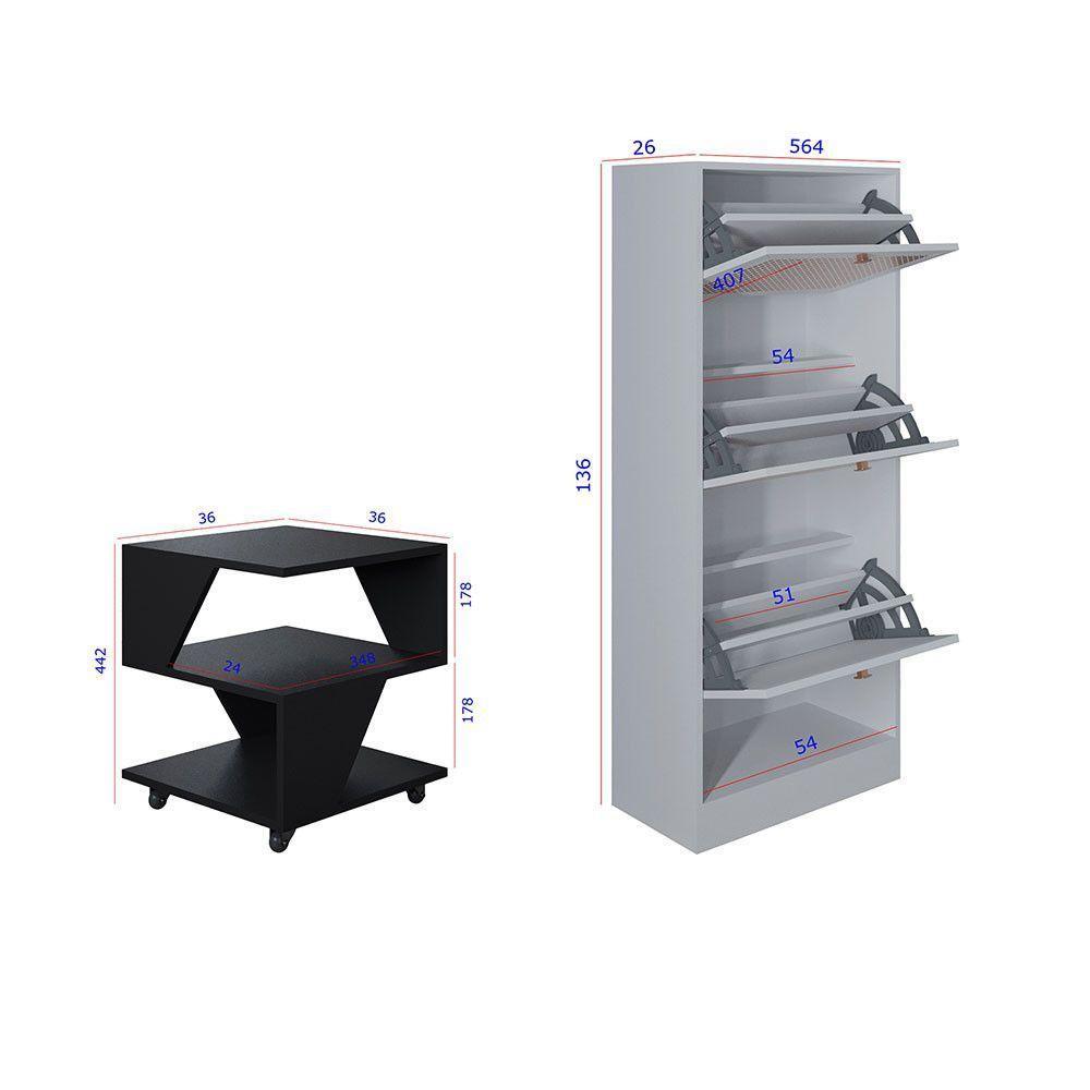 Kit Sapateira Spin Tropical 3 Portas E 2 Mesas De Cabeceira Preto-branco - 4