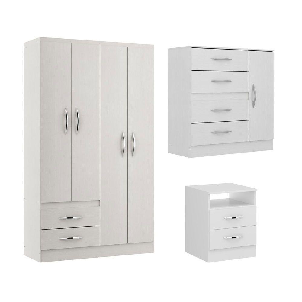 Kit Solteiro Guarda Roupa Cômoda Mesa Cabeceira Menu Móveis Branco - 2