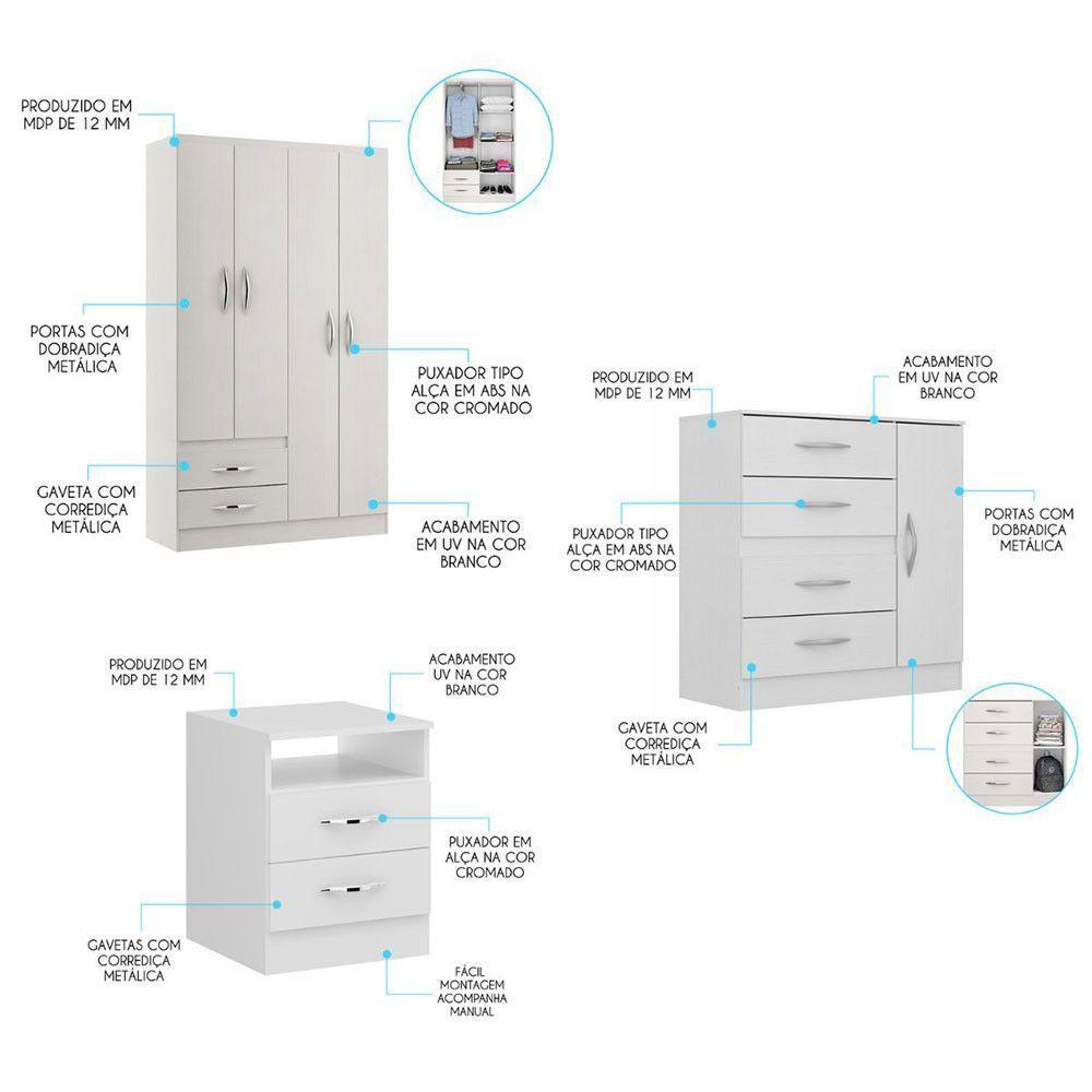 Kit Solteiro Guarda Roupa Cômoda Mesa Cabeceira Menu Móveis Branco - 3