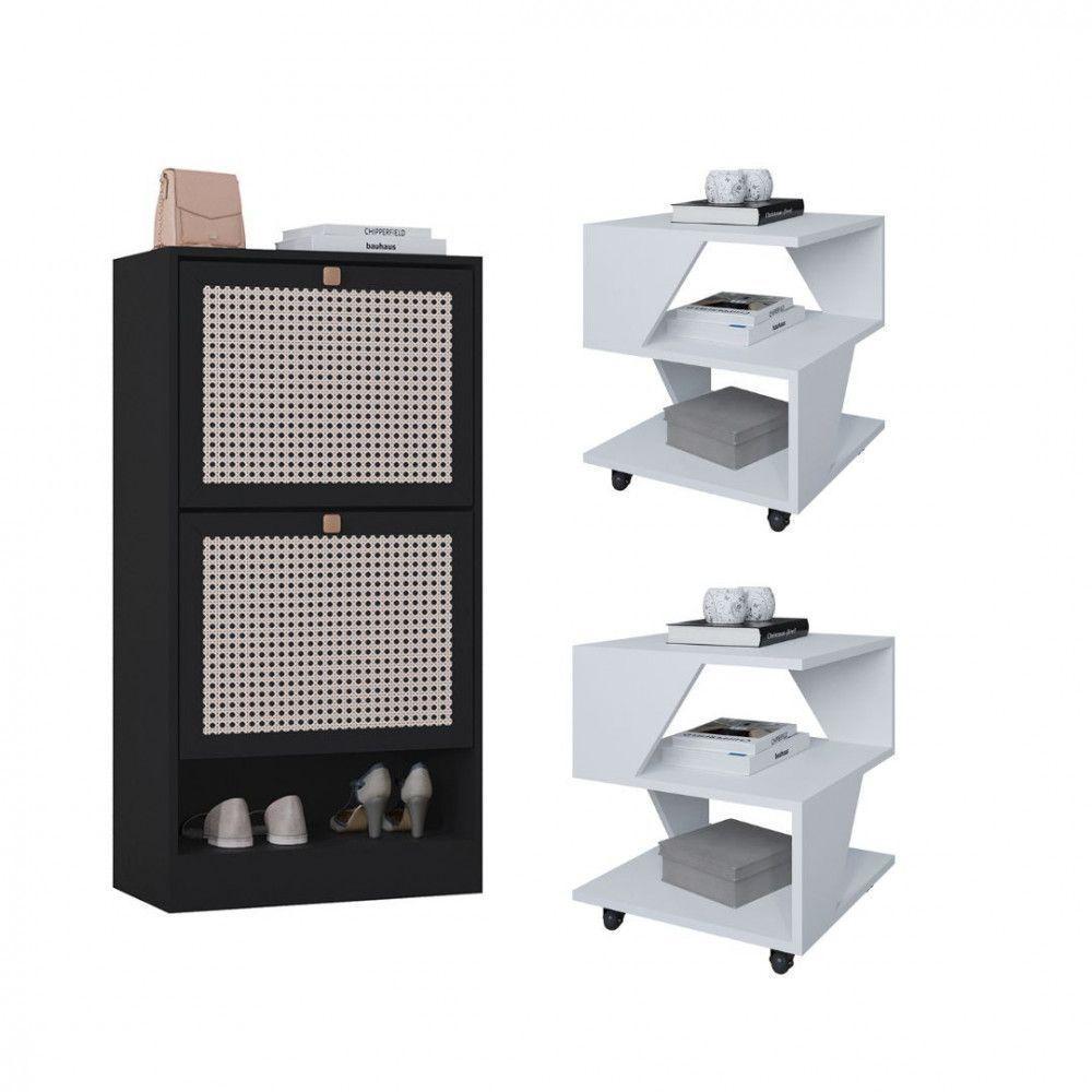 Kit Sapateira 2 Portas E 2 Mesas De Cabeceira-centro Poquema Branco-preto - 1