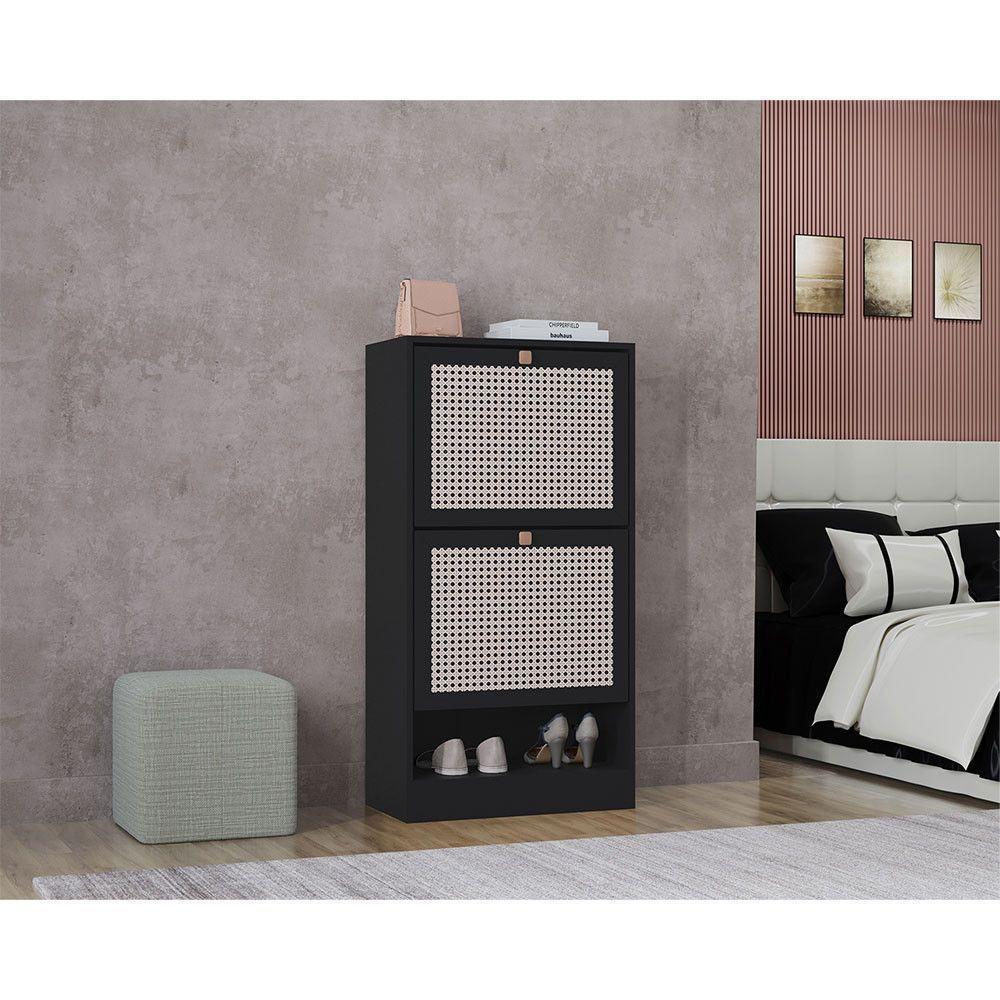 Kit Sapateira 2 Portas E 2 Mesas De Cabeceira-centro Poquema Branco-preto - 2