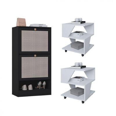 Kit Sapateira 2 Portas E 2 Mesas De Cabeceira-centro Poquema Branco-preto