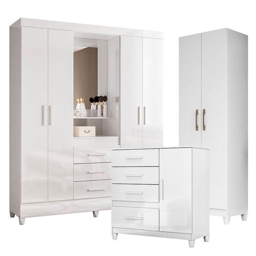 Guarda Roupa Casal Capelinha Capri Com Cômoda Vênus Com Pés E Armário Multiuso New íris Branco Brilho – Moval - 1