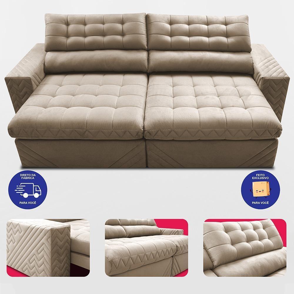 Sofá Retrátil E Reclinável 3,00m Molas Ensacadas Max Spring. Velusoft Cama Inbox Bege - 5