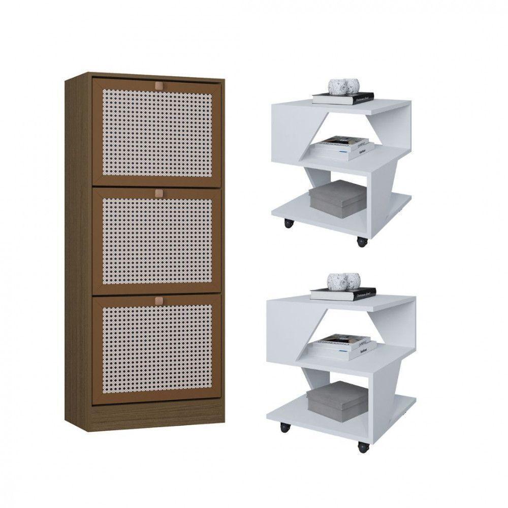 Kit Sapateira Spin Tropical 3 Portas E 2 Mesas De Cabeceira Branco-carvalho - 1