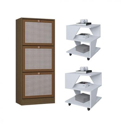 Kit Sapateira Spin Tropical 3 Portas E 2 Mesas De Cabeceira Branco-carvalho