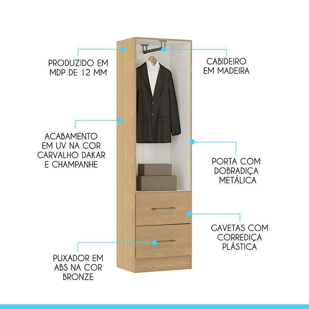 Roupeiro Solteiro 47x172cm Mdp Carvalho 8012 Menu Móveis Carvalho - 4