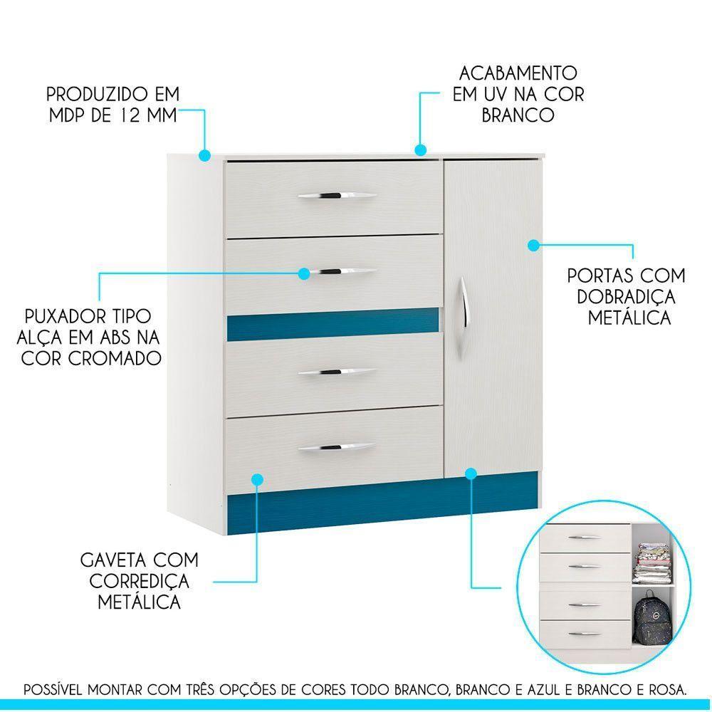 Kit Para Quarto Infantil Guarda-roupa Cômoda Mdp Menu Móveis Branco - 3
