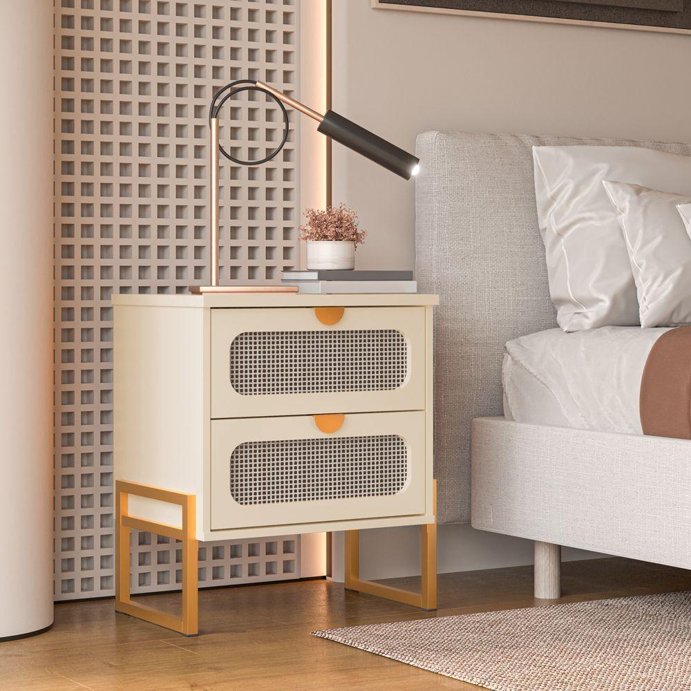 Mesa De Cabeceira Luxo Titanium Com Fino Acabamento 45cm - Off White - Dourado - 1