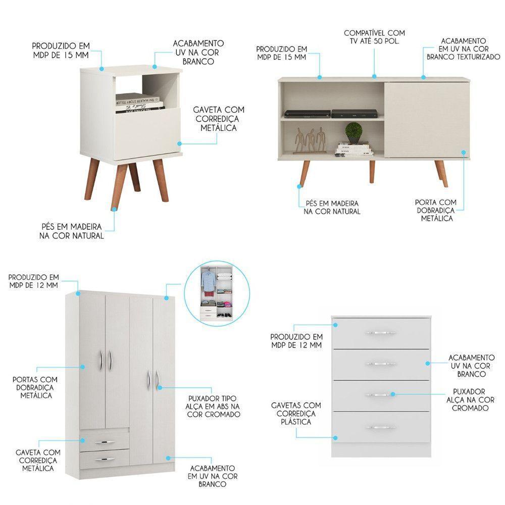 Kit Quarto Guarda Roupa Cômoda Rack Mesa 4pç Mdp Menu Móveis Branco - 2
