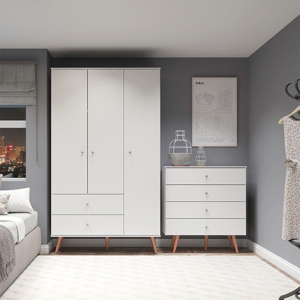 Kit Completo Quarto Guarda-roupa E Cômoda Mdp Menu Móveis Branco - 1